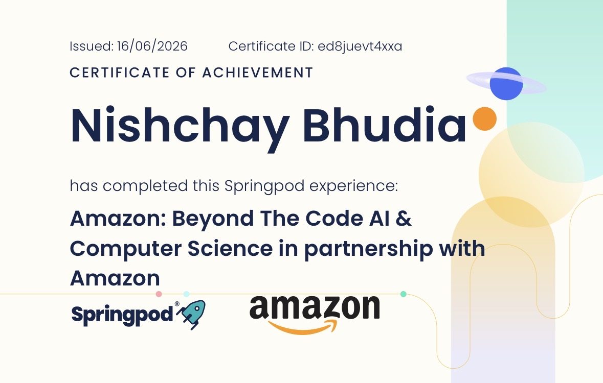 Certificate of achievement — Amazon: Beyond The Code, AI and Computer Science, via Springpod