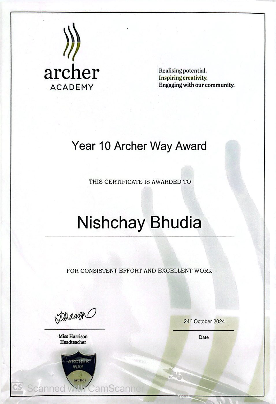 Year 10 Archer Way Award certificate from The Archer Academy