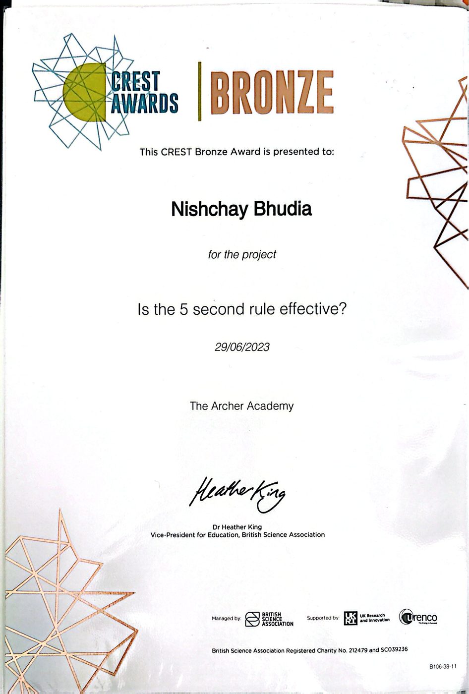 CREST Bronze Award certificate for the project 'Is the 5 second rule effective?', British Science Association