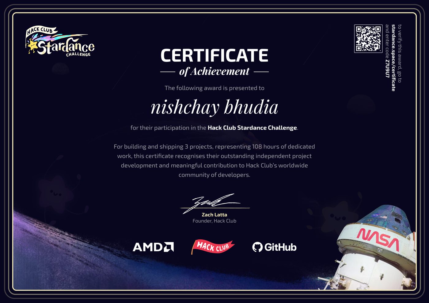 Certificate of achievement — Hack Club Stardance Challenge