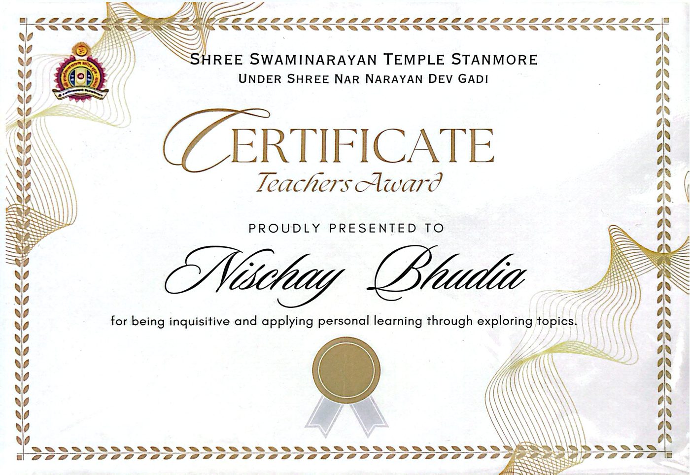 Teachers Award certificate from Shree Swaminarayan Temple, Stanmore